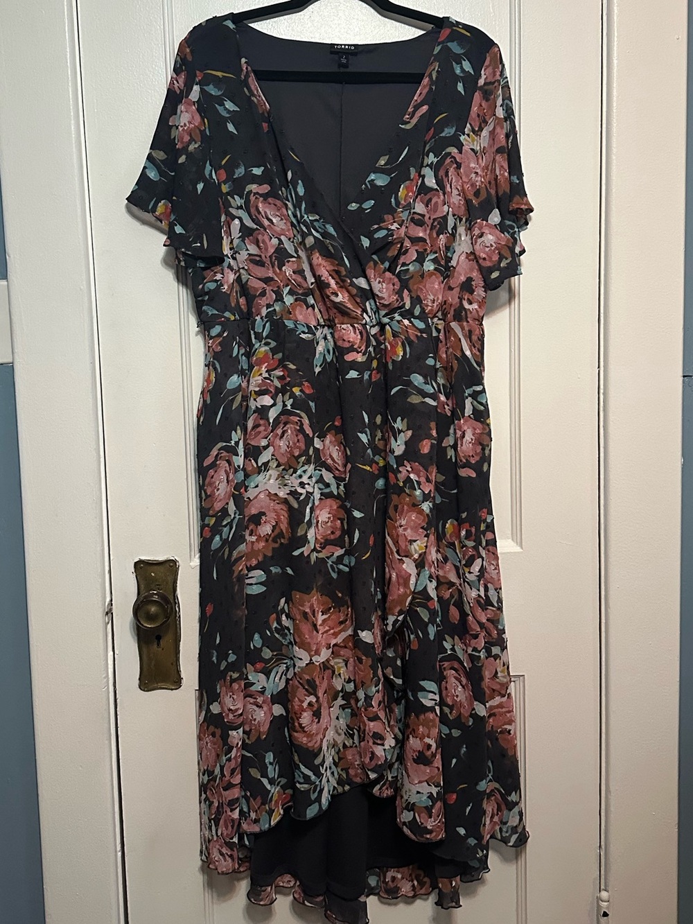 Torrid Black Floral Midi Wrap Dress with Pink Blooms (2X) - Picture 3 of 5